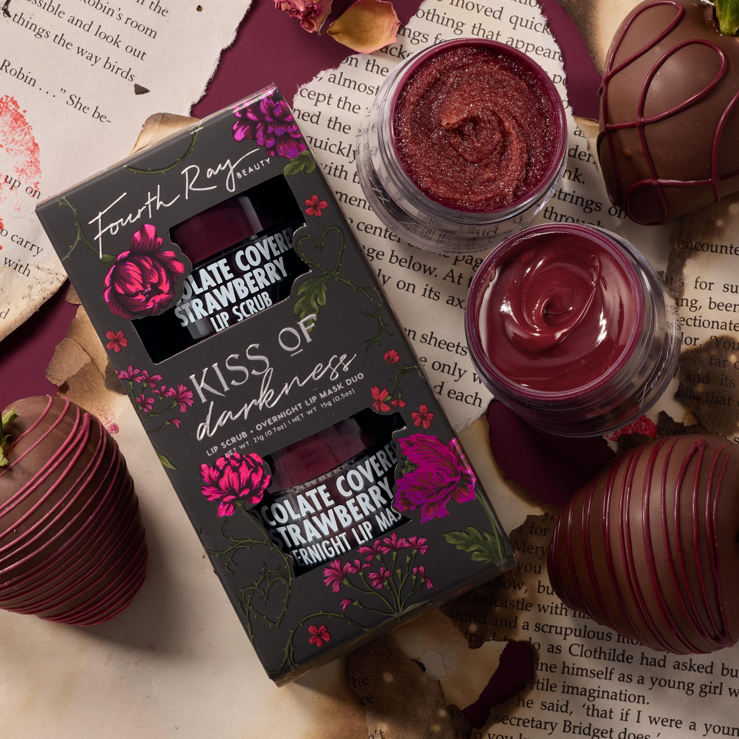Chocolate Strawberry Lip Scrub & Mask Set for Kissable Lips | Kiss of Darkness